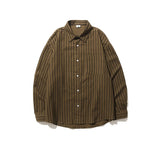 Itooh Spring Japanese Retro Brown Striped Shirts for Men and Women Loose Long-sleeved Pocket Button Lapels Casual Men Shirt Jackets