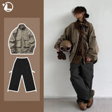 ITOOH Aviator Hunting Suit Men Street Trend Lapel Multi-pocket Jacket+Retro Khaki Wide Leg Pants 2-pcs Motorcycle Punk Mens Set