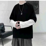 Itooh Patchwork Fake Two Long-sleeved T-shirt Men Autumn Trend Loose Round Neck Tshirts Youth Streetwear Ins Solid Bottoming Tee Shirt