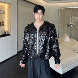 Itooh Shiny Sequins Jacket for Men Black Silver Sparkle Long Sleeve Casual Bomber Jacket Male Party Club Fashion High Street Coats