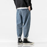 Itooh Autumn Japanese Vertical Stripe Jeans Men Fat Plus Size Retro Loose Harem Denim Pants Belt Tie Feet Trousers Cozy Streetwear