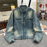 ITOOH Men's Streetwear Hip Pop Washed Denim Jacket Stand Collar Fashion Cargos Pockets Zipper Coats Retro Popular Loose Outwear M-3XL