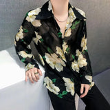 Itooh Mens Sexy Floral Hollow Ice Silk Perspective Long-Sleeve Shirt Autumn Genderless Nightclub Thin Breathable Mesh Top Unisex