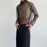 Itooh  Summer Loose Men's Clothing T-shirt Korean Style Casual Turtleneck Perspective Mesh Long Sleeved Male Tops 2024 New Fashion