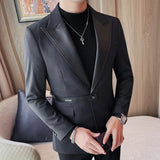 Itooh High Quality PU Splicing Closure-collar Suit Jackets Men Slim Casual Business Blazers Wedding Social Banquet Party Tuxedo Coat