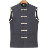 Itooh Chinese Traditional Hanfu Fleece Vest Men Linen Cotton Sleeveless Padded Jacket Mens Tang Suit Cardigan Male Warm Waistcoat