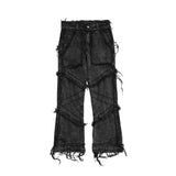 Itooh ins dark series washed and distressed raw edge jeans men's streetwear hip-hop stitching flared pants patchwork jeans