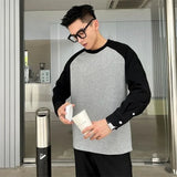 Itooh American Hem Split Round Neck Sweatshirts for Men's Autumn New Casual Long Sleeved T-shirt Button Cuffs Design Pullover Tops