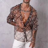 Itooh Fashion Pattern Printing Mens Shirt Sexy See Through Mesh Thin Shirts Long Sleeve Button-up Turn-down Collar Casual Cardigan Men