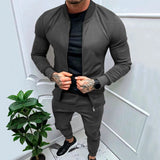 Itooh  Streetwear Mens Two Piece Suits Fashion Solid Color Slim Tracksuits Stand Collar Long Sleeve Zipper Jackets And Trousers Men Set