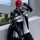 Itooh Japanese Color Block Jacket for Men Letters Embroidered PU Coats Stand Collar Cuffs Zippered Fake Leather Motorcycle Racing Suit