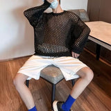 Itooh Casual Pullovers Hollow Out Outfits Fishnet Smock Tops Men Fashion Loose Long Sleeve See-though Knit Shirts Y2k Sexy Holes Shirt