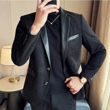 Itooh Suede Suit Jacket for Men Korean Fashion PU Splicing Casual Business Blazer Masculino Office Social Dress Coat Men Clothing