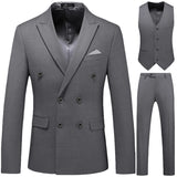 Itooh Men Casual Boutique Business Double Breasted Suit Coat 3 Piece Set / Solid Color Slim Fit Blazers Jacket Pants Vest Trousers