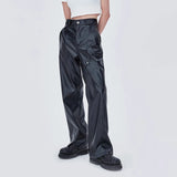 Itooh Y2k Mens American Retro Design Sense Punk Street Trousers Fashion High Waist Loose All-Match Split Line Leather Pants Unisex