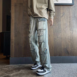 Itooh Harajuku Muti-pockets Cargo Jeans Men's Washed Patchwork Straight Casual Trousers Couple Streetwear Loose Fashion Pants