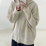 Itooh Autumn Niche Hollow Knitted Sweater Men Cardigan Hooded Zipper Long-sleeved Korean Style Trendy Design Sweater Men Cardigan Coat