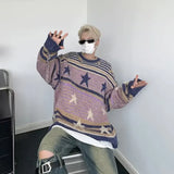 ITOOH Y2K Star Sweater Men Harajuku Striped Knitted Pullovers Jumpers Male Tops Oversize Purple Winter Streetwear Hip Hop