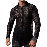 Itooh Streetwear Mens Sexy Shirts Mesh Lace Florals Embroidery Shirt For Male Vintage Hollow Out See Through Mesh Tops Men Cardigans