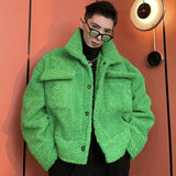 Itooh  Green Ruffian Jacket for Men Lamb Wool Thickened Padded Jacket Plush Winter Trendy Baseball Clothes Single-breasted Hipster Coat