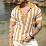 Itooh Knitted Shirts Mens Fashion Hollow Out Breathable Beach Cardigan Shirt Short Sleeve Mens Summer Button Lapel Casual Knit Shirts