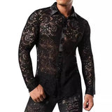 Itooh Streetwear Mens Sexy Shirts Mesh Lace Florals Embroidery Shirt For Male Vintage Hollow Out See Through Mesh Tops Men Cardigans