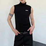 Itooh Summer Unique Temperament High Collar Sleeveless Vest Mens Slim Solid Color Top Casual Street Genderless Sleeveless T-Shirt