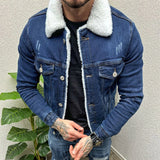 Itooh Vintage Mens Denim Jacket Streetwear Fashion Ripped Turn-down Collar Wool Jean Jackets Men Clothes Spring Trendy Denim Outerwear