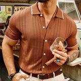 Itooh Retro Striped Knitted Lapel Mens Shirt Short-sleeved Buttoned Knitting Shirts For Men Summer Casual Slim Fit Knit Cardigan Tops