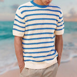 Itooh Summer Short Sleeve Sweater T Shirts Men Vintage Jacquard Striped Knitted Tops Mens Casual O Neck Jumper Tee Male Fashion Tops