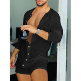 Itooh Solid Tight One-piece Shorts Men Long Sleeve Sexy Perspective Deep V Homewear Clothes New Buttons Pajamas Jumpsuit Sexy Lingerie