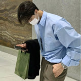 Itooh Korean Fashion Men High-end Light Blue Shirt Men Summer Solid Color Simple Casual Loose Button Pocket Long sleeve Shirts for Men