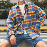 Itooh Checkered Shirt Men's Spring American Trend Handsome Streetwear Loose Classic Plaid Vintage Shirt Men's Orange Casual Coat Tops