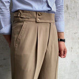 Itooh Men Naples Military Pants Summer British Drape High Waist Straight Pants Business Casual Pants Trendy Khaki Buckle Belt Trousers