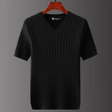 Itooh Men's Short Sleeve T-shirts V-neck Casual Knitting Striped Tops All-match Solid Color Pullover Soft Slim Fit Breathable T Shirt