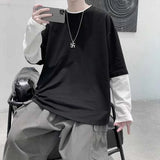 Itooh Patchwork Fake Two Long-sleeved T-shirt Men Autumn Trend Loose Round Neck Tshirts Youth Streetwear Ins Solid Bottoming Tee Shirt