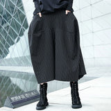 Itooh Spring Autumn High Waist Trousers Striped Plus Size Elastic Waist Wide Leg Pants Men Japanese Street Pocket Design Loose Skirts