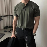 Itooh Summer Fashion Army Green Slim Henley T-shirts Mens American Solid Color Button Sports Tight Short Sleeve T Shirts for Men