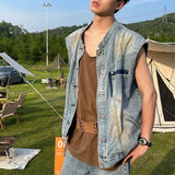 Itooh Y2k Old Denim Jacket Summer Tide Brand Western Denim Sleeveless Vest Men's American Retro Loose Casual Waistcoat Top Street Coat