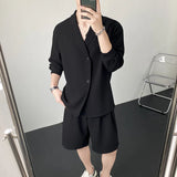 Itooh Summer Black/White Sets Men Fashion Long-sleeved Shirt Shorts Two-piece Men Korean Casual Loose Plaid Sets Mens Suit M-2XL