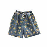 Itooh Summer Denim Shorts Men Fashion Drawstring Retro Flower Shorts Men Streetwear Hip-hop Loose Print Denim Shorts Mens Beach Shorts