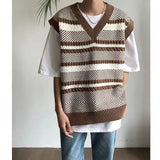 Itooh Autumn New Color Block Striped Sweater Vest for Men Korean Fashion Casual Loose Sleeveless Knitted Sweater Vests Men and Women