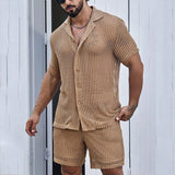 Itooh  Leisure Breathable Hollow Out Beach Two Piece Sets Men Summer Short Sleeve Shirts And Shorts Mens Mesh Outfits New Casual Suits