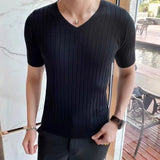 Itooh Summer Men's Retro Knitting Short Sleeve V Collar Solid Elastic Slim Black White Comfortable Vertical Stripes Office T-shirt