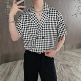 Itooh  New Plaid Houndstooth Print Shirt for Men Double-breasted Half Sleeved Cuban Collar Trend Loose Drape Casual Shirts Men