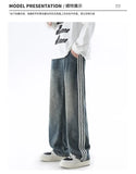 Itooh Autumn Winter American Striped Loose Jeans Men Students Loose Straight Wide Leg Long Pants Pocket