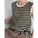 Itooh Korean Clothes Sleeveless Knitted Sweater Vest Male Striped Hollow Summer Loose Casual Harajuku Niche Design Pullover Men's Vest