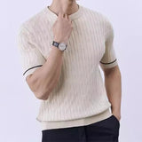 Itooh Streetwear Mens Vintage Jacquard Slim Knit T Shirt Short Sleeve O Neck Knitted Tee Men Summer Fashion Pullover Top Male Knitwear