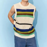 Itooh Couple Japanese Popular Knitted Tank Tops Spring/Summer Cityboy Colorful Striped Vintage Vest Hollowed Out Sleeveless T-shirt