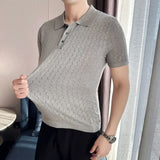 Itooh  Ice Silk Wave Striped Knitted Lapel Short Sleeve Men's T-shirt Slim Hole Polo Shirt Gray ,polo Golf Shirt